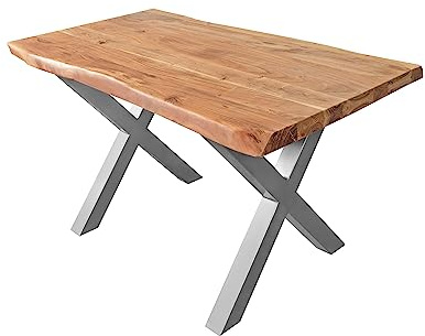 SAM Esstisch 160 x 85 cm Cali, Baumkantentisch naturfarben, Akazienholz massiv, X-Gestell aus Metall Silber, aufgedoppelte Kanten 25+25 mm