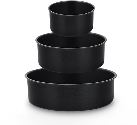 HaWare Stainless Steel Cake Tin Set of 3, 6inch/8inch/9.5inch Non-Stick Deep Round Baking Roasting Tin for Birthday Wedding Layer Cake, Healthy & Non-Toxic (16cm, 20cm, 24cm, Black)
