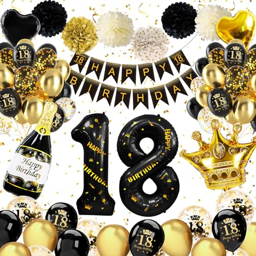 18 Geburtstag Deko Schwarz Gold, 18. Geburtstag Junge Mädchen
