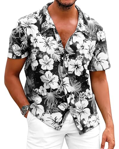 Fastkoala Hawaiiansk skjorta för män tropiska strandskjortor blommiga toppar semester vardaglig bomull linne button down, Svart, 3XL