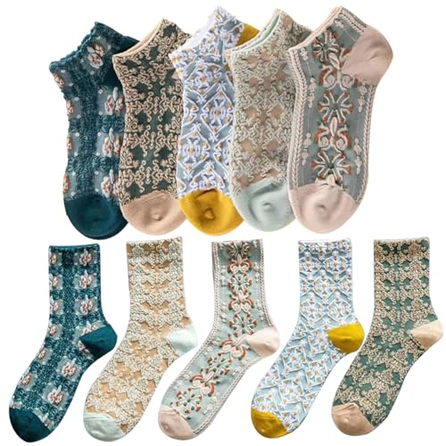 Calcetines Florales 5 Pares de Calcetines Cottagecore de Tubo y 5 Pares de Calcetines Cortos Vintage Calcetines de Vestir para Mujer Calcetines de Tubo Calcetines de Mujer Bordados Suaves y Transpirab
