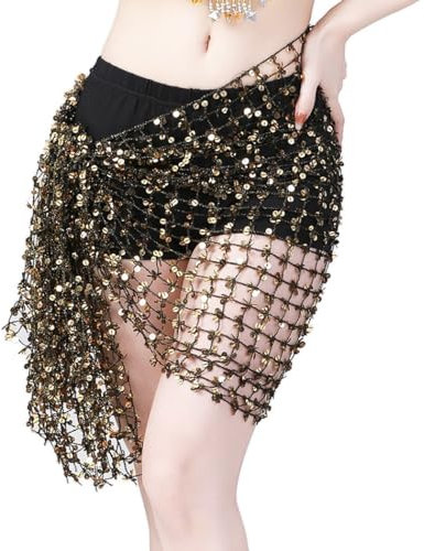 Kapmore Hüftschal für Bauchtanz – Damen Tänzerin Glänzende Pailletten Dekorative Party Performance Hip Wrap Rock Bauchtanz Zubehör, Golden & Schwarz 80, One size