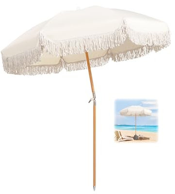 Weißer Outdoor-Tischschirm, 180 cm, Boho-Strandschirm mit Fransen, tragbarer Terrassenschirm, LSF 50+, Poolschirm mit Neigung, Marktschirm, wasserdicht, Hofschirm mit Tragetasche, für Gartendeck/8