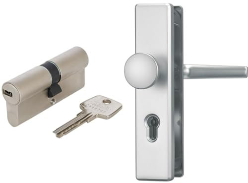 ABUS Profil-Zylinder D6XNP 30/30 mit Codekarte und 5 Schlüsseln, 48297 & Tür-Schutzbeschlag KLS114 F1, aluminium, 21032