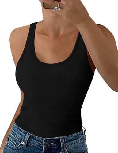 Aottori Tank Top Damen Ärmellos Rundhals Basic Shirt Gerippt Sexy Obertiele Baumwolle Sommer Weste Ribbed Tops Schwarz S