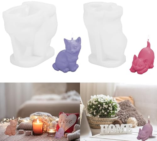 2 Stück Silikonform Katzen Gießform Kerzen Formen Silikon Katzen Seifenform | Epoxidharz Form Katzen Silikonform Kerzen Gießform Tiere Kerzenform zum Gießen Gipsform Harzform