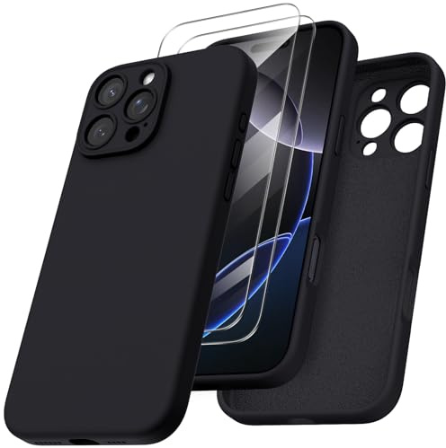 ORNARTO für iPhone 16 Pro Max Hülle mit Kameraschutz u. 2 Schutzfolien, flüssiges Silikon Handyhülle iPhone 16 Pro Max 6.9 Zoll, stoßfeste iPhone 16 PM Schutzhülle mit Mikrofaser - Schwarz