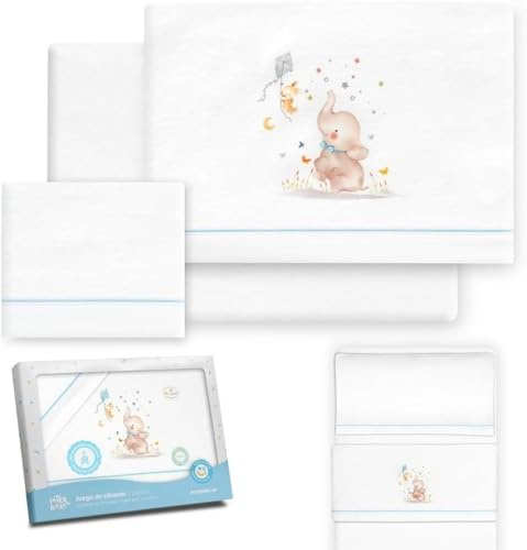 Danielstore - Juego de Sábanas para Cuna 60 x 120 cm Bebé - Sábanas de Invierno Tejido Franela - Modelo Elefante - Incluye Sábana Bajera + Sábana Encimera + Funda Almohada (Elefante Azul)