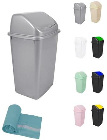 Jardin202 - Cubo de Basura con Tapadera Basculante - 30/50 Litros - Ideal para Hogar y Oficina | 50 L + Bolsas (Plata)