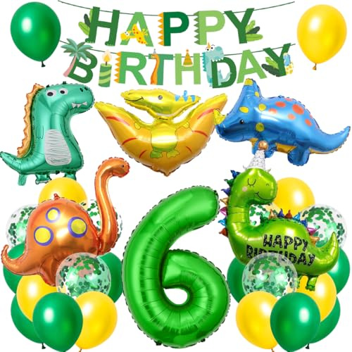 Dino Geburtstag Deko 6 Jahre, XXL Dinosaurier Deko Kindergeburtstag, Geburtstagsdeko Jungen 6 Jahre, Folienballon Dino 6 mit Happy Birthday Banner für Dinosaurier Party Kindergeburtstag