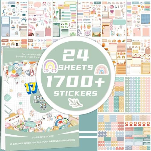 24 Blatt 1700+ Stück Bullet Journal Sticker - Planer Aufkleber für Kalender, Tagebuch, DIY Scrapbooking - Happy Planner Stickerbuch, Monatsplaner, Organizer Zubehör
