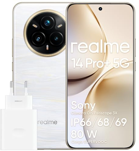 realme 14 Pro+ 5G Android Smartphone, 8+ 256 GB, Sony IMX896 OIS-Kamera, Trendiges Design mit wechselnden Farben, IP69, 6,83 120-Hz-Display, 5260-mAh-Akku, Weiß (Mit Adapter)