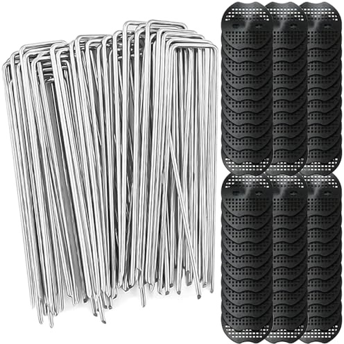 60 Stück Erdanker für Unkrautvlies,Erdhaken(150 x 40mm)+60 Pufferscheiben,Erdanker Bodenanker,Unkrautvlies Haken,Erdnägel,Anti Rost Verzinkte Bodenanker,U-Erdnägel aus Verzinktem