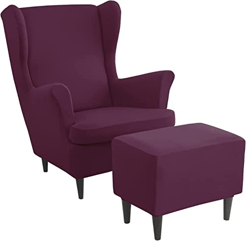ZGantrix Ohrensessel überzug mit Hocker Bezug, 2 Teilig Sessel-Überwürfe+1 Teilig Ottomane Schonbezug, Beige/Grün/Rosa/Blau Ohrensessel Schonbezüge Sesselhusse Stretch Tiger Stuhlbezug mit Armlehne