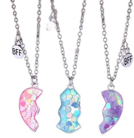 Hiemible Friendship Necklace For 3 People, BFFs Necklace For 3 Girls Magnetic Cute, Best Friend Pendants Jewelry BFFs, Half Broken Heart Matching Pendant For Girls And Female Friends Gift