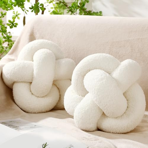 Beeveer 2 Pcs Knot Pillow Balls, 12 Inch Soft Home Decorative Round Stylish Throw Pillow Cute Handmade Knotted Aesthetic Ivory Circle Pillows for Living Room Couch Sofa Decor (White)