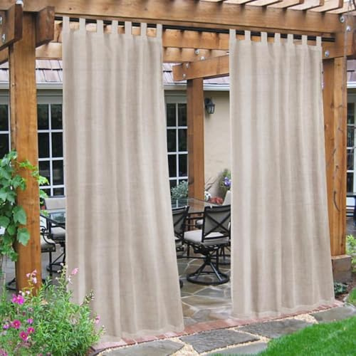 QIAQ Outdoor Gardinen 132.1 * 274CM-2 Stücke Wetterfest Halbtransparent Outdoor Vorhang Wasserdicht Terrasse Vorhänge Mit Klettverschluss Leinenoptik Outdoorvorhänge Leinen