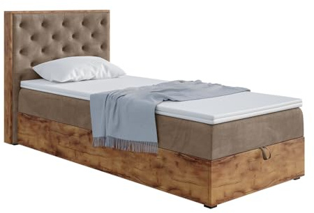MEBLINI Boxspringbett mit Bettkasten - Gepolstert Einzelbett mit Matratze und Topper - Polsterbett mit Stauraum - Bett mit Kopfteil - Stauraumbett - Lofty 3-90x200 - H3/Braun Samt