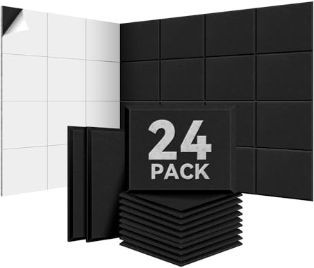 Sonuvia Paket med 24 fyrkantiga akustikpaneler självhäftande, 30*40*0.9cm, täcker 2,88 m², ljudisolering för väggar och dörrar - 230 kg/m³, NRC 0,95, 100 % polyester, för ljudisolering av väggar