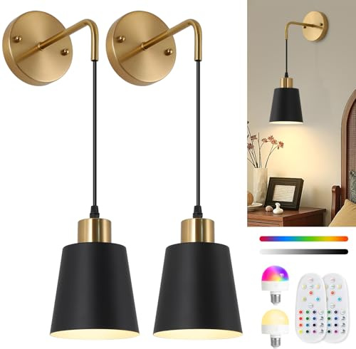 Rechargeable wall lights indoor,Wireless Battery Operated Wall sconces set of 2,LED Modern Wall Lamp with Remote,Black & Gold lamps with 15 Color Changing Dimmable For Bedroom Living Room Hallway