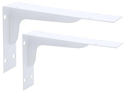 Supporti per mensole a parete resistenti - Confezione da 2 pezzi, bianchi, a forma di L da 25,4 cm, supporti per mensole in ferro nero con fissaggi - Staffe in metallo per bancali da lavoro