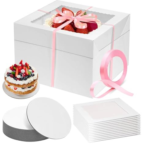 16 Packs 30x30x20cm Cake Box with 12inch Cake Board （10 x boxes & 10 x boards Clear Windows Disposable Cake Containers for Wedding Birthday Party Celebration (12x12x8inch)