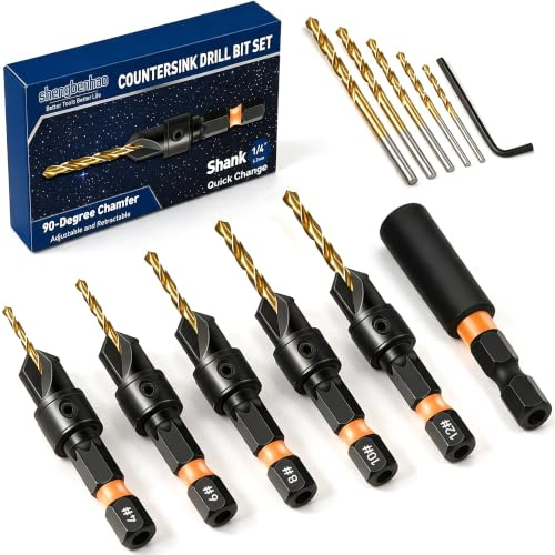 shengbenhao Countersink Drill Bit Set 12pcs with Extension Bar for Woodwork | HSS Titanium Pilot Drill Bits, 90 Degree Angle, Double Flute, Adjustable Depth Stop, 1/4 Hex Shank, Sizes #4 #6 #8 #10 #12