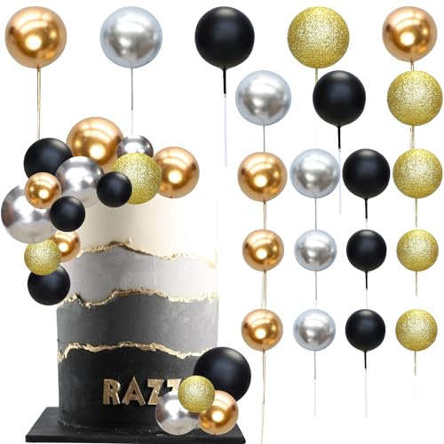 Ephlyn 32Pcs Ball Cake Topper Foam & Wire Decorations Mini Balloons Cake Topper Sticks for Wedding Party Birthday Cake Decorating Black Gold Silver