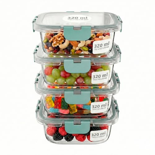 Amig - Set di 4 contenitori ermetici quadrati in vetro per alimenti - Capacità: 320 ml - 112 x 112 x 50 mm - Contenitori in vetro per microonde, forno, congelatore e lavastoviglie - Colore verde
