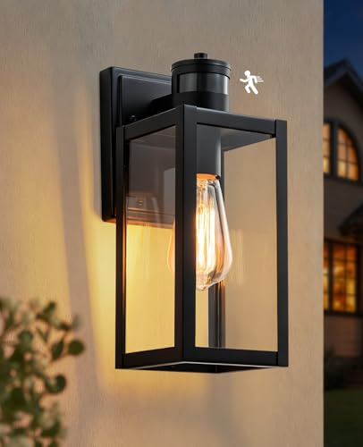 FTL Motion Sensor Outdoor Wall Lights, Upgraded Dusk to Dawn Outdoor Lighting, Black Outside Wall Sconce with Sensor, E27 Porch PIR Sensor Wall Lantern, IP44 Exterior Security Light for Garden Patio