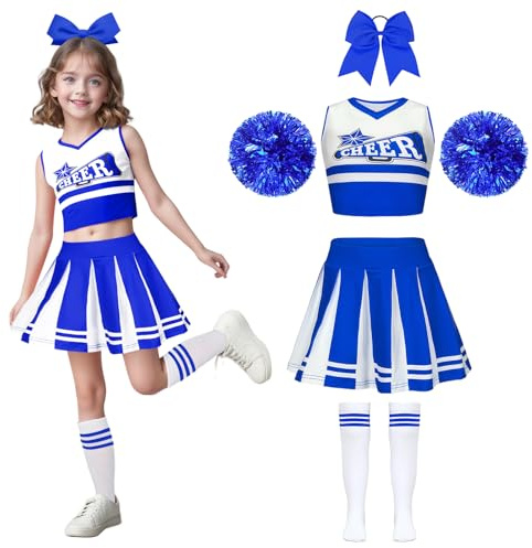 Wuzfully Cheerleader Outfit for Girls with Cheerleading Pom Poms Hairband Uniform for Carnival Birthday Halloween Cosplay Parties，3-15 Years