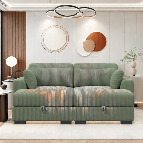 PerGar Cord Sofa 2 Sitzer, 88cm Breit Sofas, Bequemes Couch 58CM Extra Tiefe Sitze, Schlafsofa Klein Klappsofa Sofa 2 Sitzer, Big Sofa Couch mit 2 Sessel, für Wohnzimmer & Schlafzimmer (Grün)