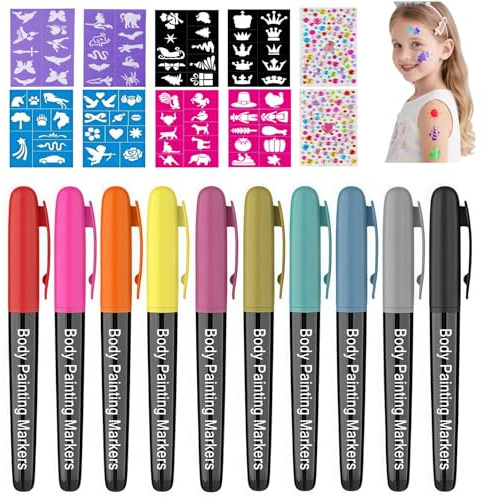 Tattoo Stifte Kinder Hautfreundlich, 10 Farben glitzer Tattoo Stifte für die haut, 8 Schablonen, 2 Glitzer Stickern, Hautfreundliche Kinderschminke für Temporäre Tattoos, Geschenk für Mädchen Jungen