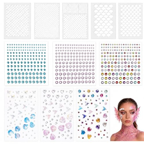 Stencil Trucco Sirena 5 Pezzi con 6 Strass Glitter Autoadesivi Stencil Scaglie Sirena per Trucco Viso e Corpo Costume Sirena Donna per Carnevale Cosplay Festival Feste Make Up Artistico