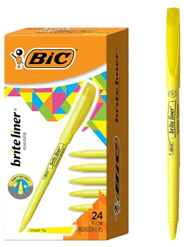 BIC Brite Liner Highlighters, Chisel Tip, 24-Count Pack of Yellow Highlighters, Ideal Highlighter Set for Organizing and Coloring