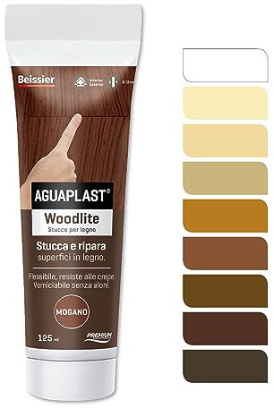 Aguaplast Woodlite stucco per legno colorato. Fibrato, resiste alle dilatazioni fino al 20%. Ideale per buchi e crepe in mano unica senza ritiro. Mogano