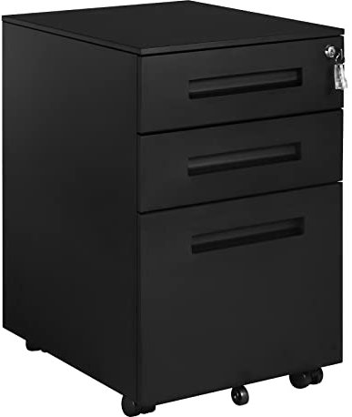 WOLTU Rollcontainer Metall, Mobiler Aktenschrank Büroschrank mit 3 Schubladen Bürocontainer, abschließbares und verstellbares Hängeregister, vormontiert, Büro, Home Office Schwarz SK023sz