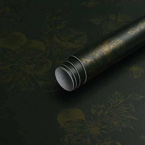 Timeet Self Adhesive Wallpaper Dark Green 44x300cm Sticky Back Plastic Paper Golden Botanical Print Pattern Peel and Stick Wallpaper Thick Waterproof Removable Vinyl Film for Wall, Furniture