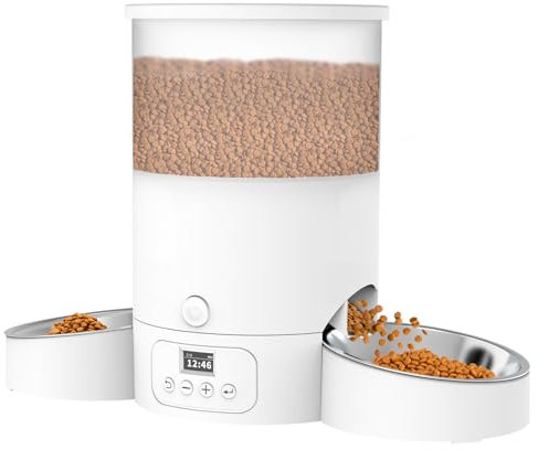 Automatic Cat Feeder for 2 Cats - SURDY 3L Cat Food Dispenser Auto Feeder with 2 Stainless Bowls, 10s Meal Call Dual Power Supply and Timer Setting 12 Portions 6 Meals Per Day