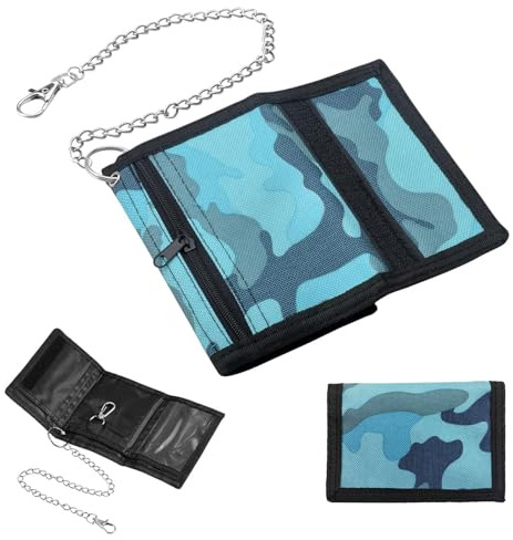 Herbst Geldbeutel Kinder Jungen Camouflage Blu, Geldbörse Jungen | Mit Kette Clip Reißverschluss Faltbare Portemonnaie Kinder Geldbeutel Jungs Wallet für Teenager Jungen Herren
