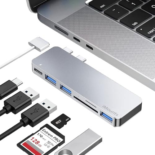 iMounts USB-C Hub für MacBook Air und Pro M1/M2/M3, 3 USB 3.0 Anschlüsse, Thunderbolt 3, SD/Micro SD Kartenleser, MagSafe-kompatibel, Silber (Silver)