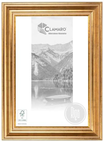 CLAMARO 'RIGA' Bilderrahmen Antik 28x38 Massivholz | Gold | 68 mm breite Shabby Chic Vintage Barock Leiste | Holzrahmen inkl. Acrylglas, Rückwand, Metall Aufhänger