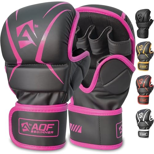 AQF Guantillas MMA, Diseño Palma Abierta Guantes Boxeo, Soporte Mejorado Muñeca, Acolchado Amortiguador, Ligeros Guantes MMA, Guantes Muay Thai para Entrenamiento, Kickboxing Y Karate (Rosa, L-XL)