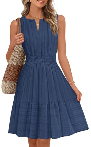 MEROKEETY Women's 2026 Summer Casual Mini Sundress Beach Vacation Sleeveless V Neck Flowy A Line Dress with Pockets, Navy, Medium