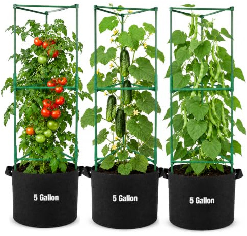 JQTOP Cages à tomates avec Sacs de Culture en Feutre, Lot de 3, capacité 19 L, Tuteurs modulables Jusqu’à 120 cm, pour tomates, concombres, Haricots et Pois