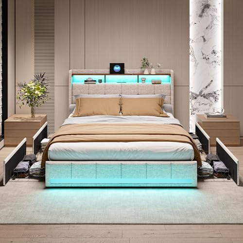 Säng 140 x 200 cm med sängbord, LED-säng med RGB-belysning, 4 förvaringslådor med rullben, inbyggd USB, modern säng för 2 personer (beige, 160 x 200 cm)