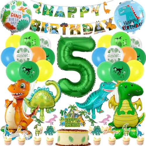Dino Geburtstag Deko 5 Jahre Jungen, Dinosaurier Geburtstagsdeko, XXL Dino Folienballons mit Luftballon 5, Dino Kuchen Deko, Happy Birthday Girlande für Dino Party Dschungel Deko Kindergeburtstag