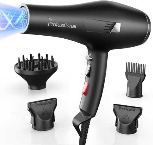 Secador pelo profesional con iones, Hair Dryer iónico con 1 difusor, 2 boquillas de peinado, 3 temperaturas (aire frío y caliente), secado rápido para todo tipo de cabello (Negro)