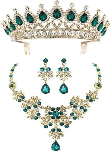 Smyckeset med strass, krona, halsband, örhängen, bröllopssmyckeset, barockkrona med kam, fest, bankett, bal, grön/6926