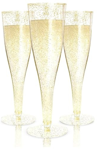 Prestee 100 Gold Plastic Champagne Flutes - 4.5 oz Disposable Champagne Glasses for Toasting at Weddings, Mimosas, Cocktails, Great Gatsby Party Decorations, and Events